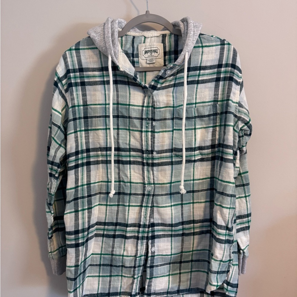 American Eagle Outfitters Green and White Plaid Shirt with Gray Hood